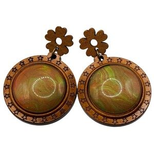Wooden Handmade Dangle Earrings with Green and Brown Swirl Design